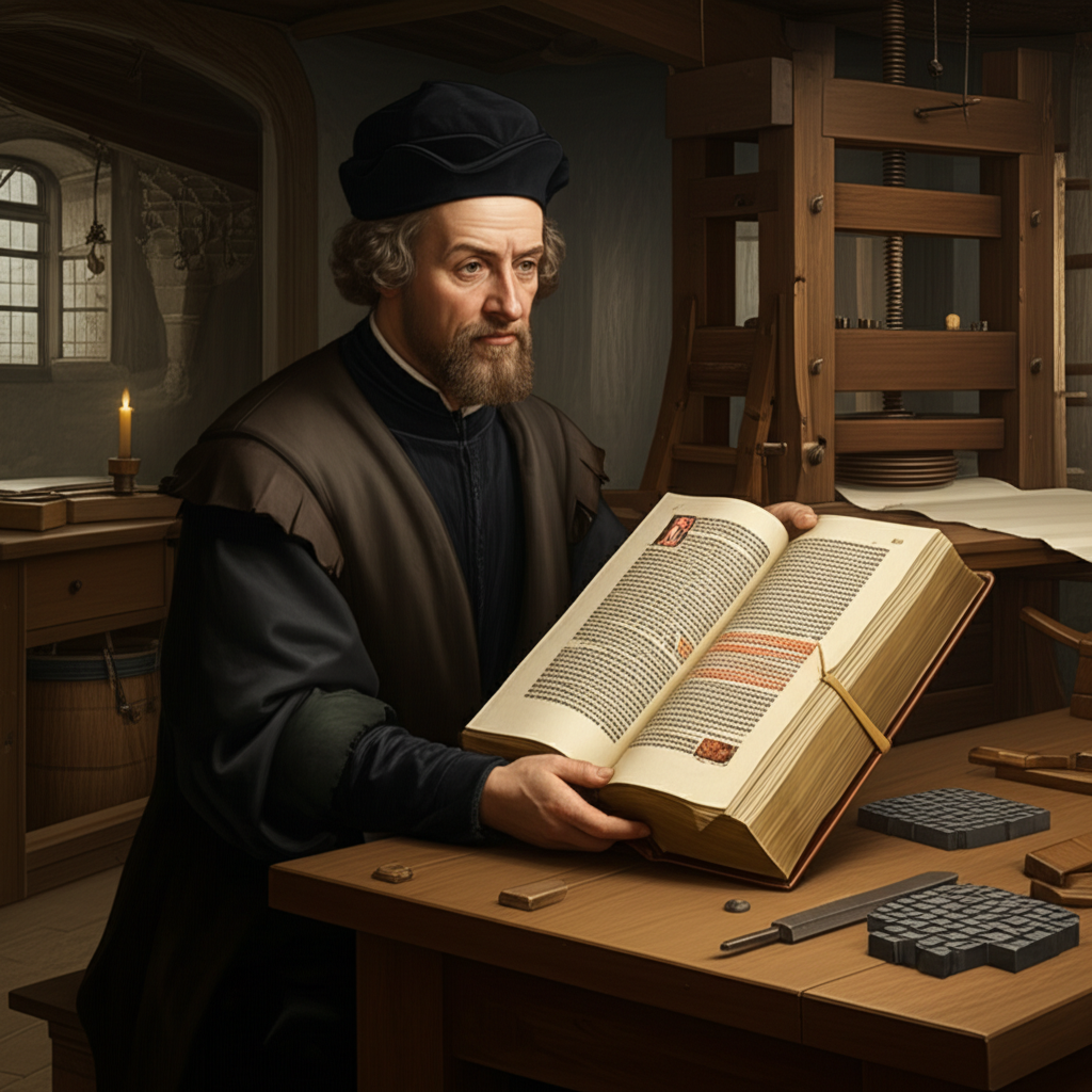 Illustration of Printing Press Origins: The Revolutionary History of the Gutenberg Bible