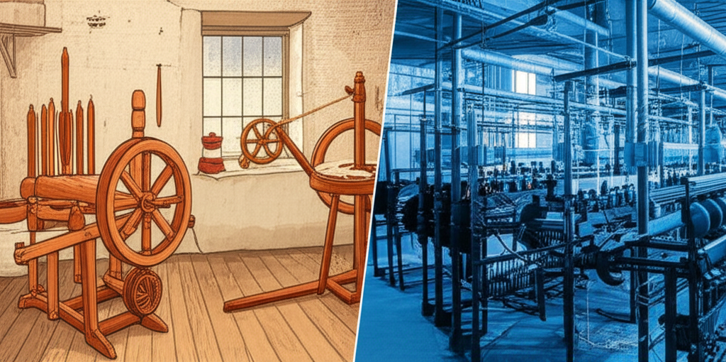 Illustration of How the Spinning Mule Ended Cottage Industries