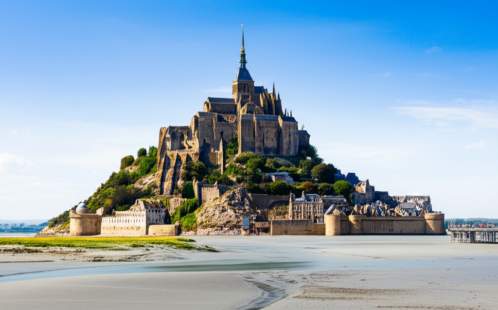 Illustration of Mont-Saint-Michel Abbey Construction and Tidal Defenses