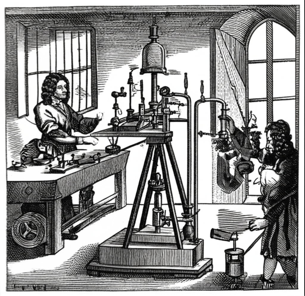 Illustration of Robert Boyle's Invention of the Air Pump