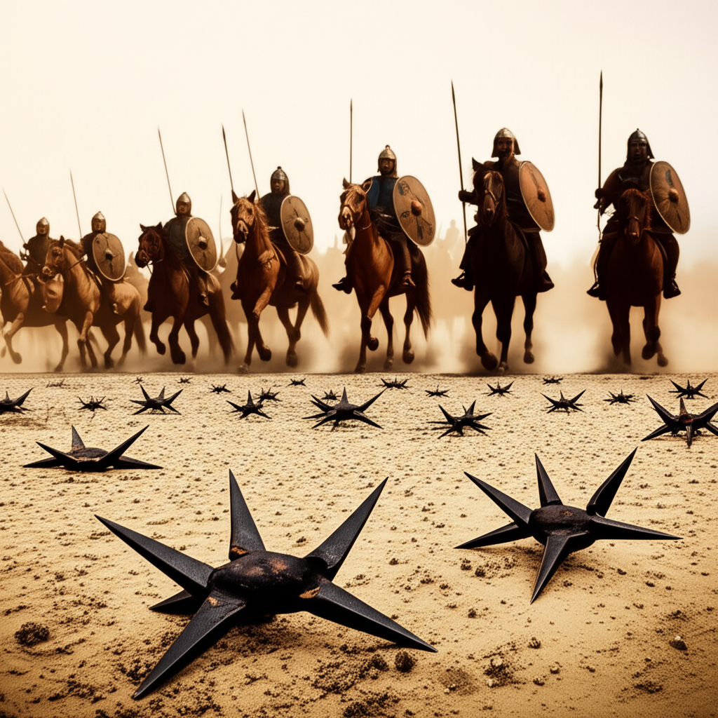 Illustration of Tactical Use of Caltrops Against Ancient Cavalry