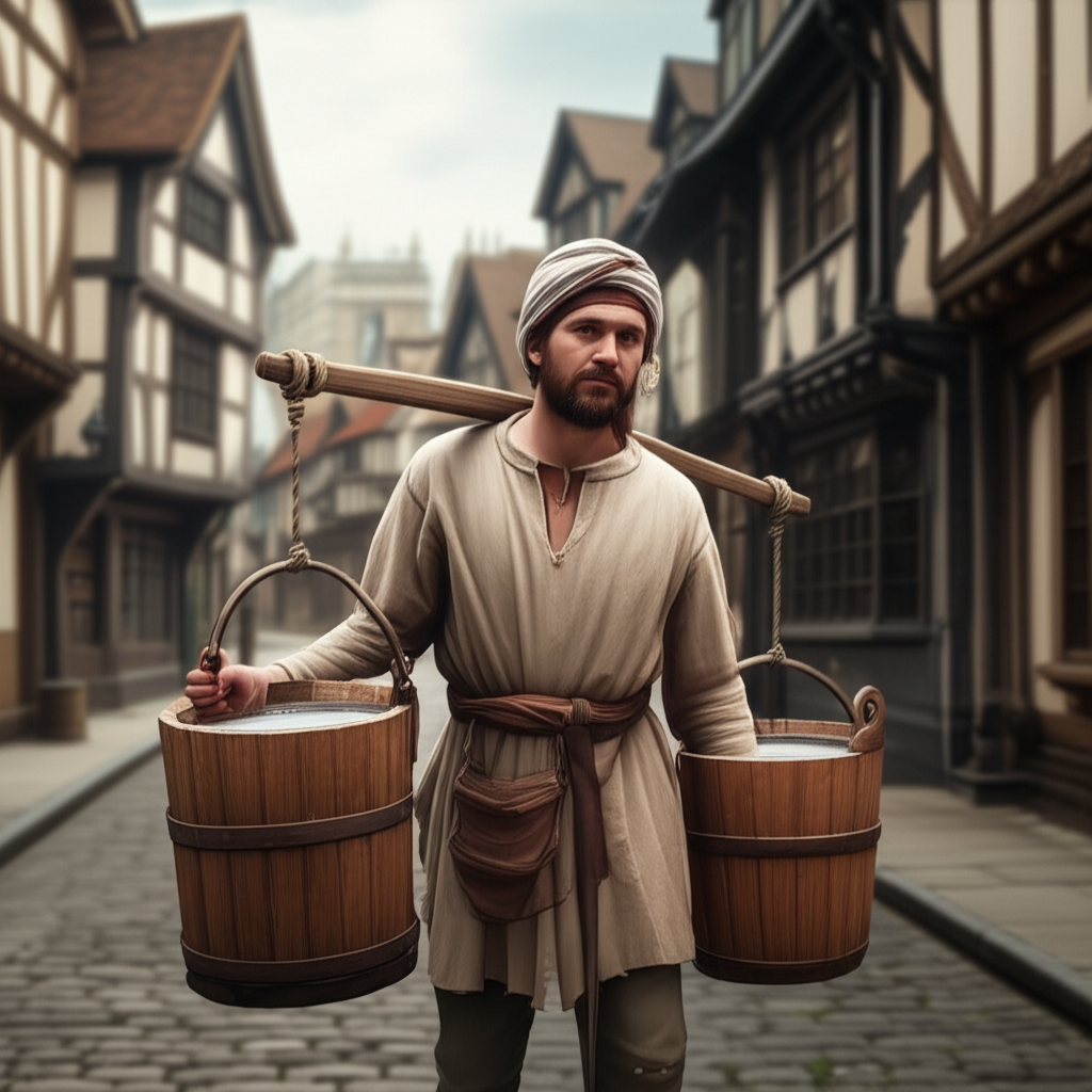 Illustration of The Daily Duties of a Water Bearer in Medieval London