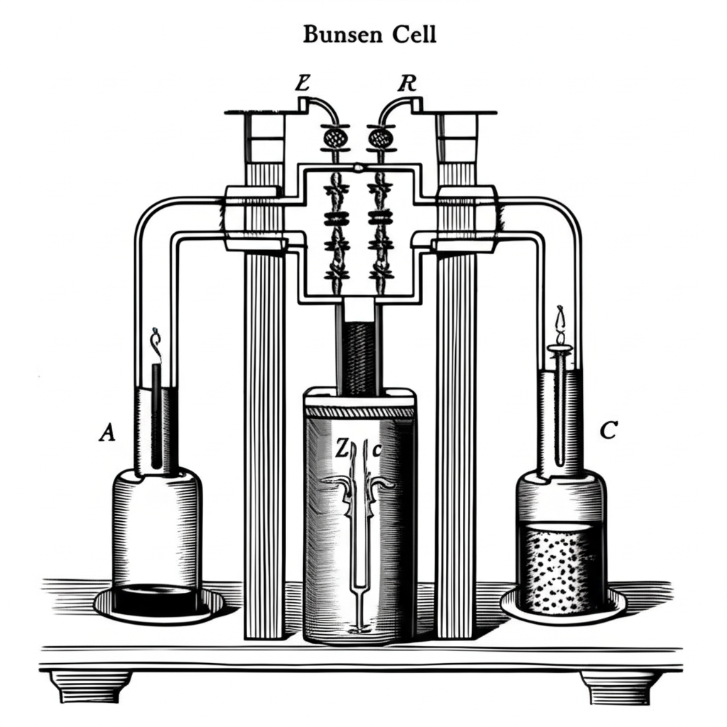 Illustration of The Invention of the Bunsen Cell Battery