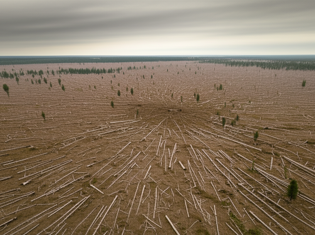 Illustration of The Tunguska Event and the Flattened Forests of Siberia